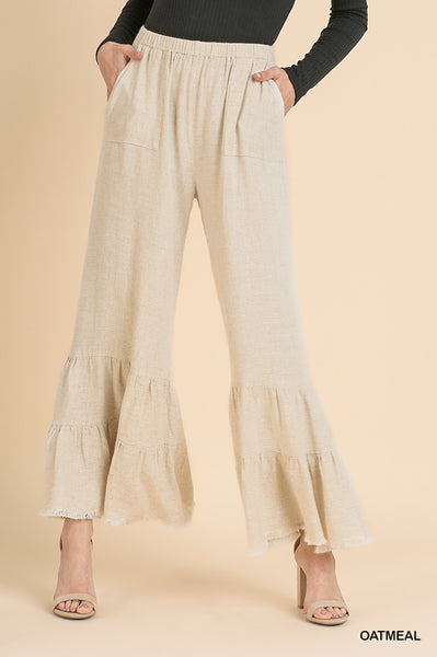 Linen Blend Wide Ruffle leg Frayed Hem Pants