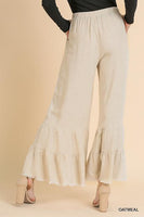 Linen Blend Wide Ruffle leg Frayed Hem Pants