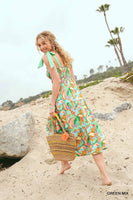 Abstract Print A-Line Maxi Dress with Contrast Ties