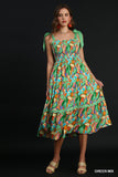Abstract Print A-Line Maxi Dress with Contrast Ties