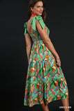 Abstract Print A-Line Maxi Dress with Contrast Ties