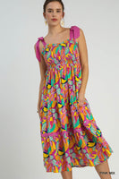 Abstract Print A-Line Maxi Dress with Contrast Ties