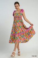 Abstract Print A-Line Maxi Dress with Contrast Ties