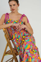 Abstract Print A-Line Maxi Dress with Contrast Ties