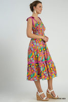 Abstract Print A-Line Maxi Dress with Contrast Ties