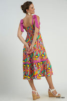 Abstract Print A-Line Maxi Dress with Contrast Ties