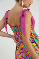 Abstract Print A-Line Maxi Dress with Contrast Ties