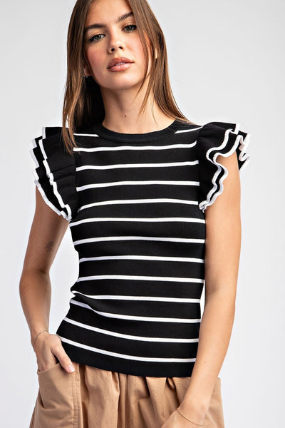 STRIPED SHORT RUFFLE SLEEVE TOP