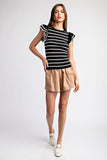 STRIPED SHORT RUFFLE SLEEVE TOP