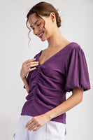 SOLID RUCHED PUFF SLEEVE TOP