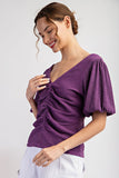 SOLID RUCHED PUFF SLEEVE TOP