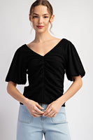 SOLID RUCHED PUFF SLEEVE TOP