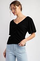 SOLID RUCHED PUFF SLEEVE TOP