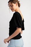 SOLID RUCHED PUFF SLEEVE TOP