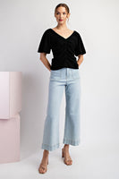 SOLID RUCHED PUFF SLEEVE TOP
