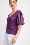 SOLID RUCHED PUFF SLEEVE TOP