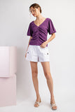 SOLID RUCHED PUFF SLEEVE TOP