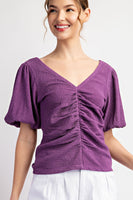 SOLID RUCHED PUFF SLEEVE TOP
