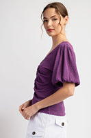 SOLID RUCHED PUFF SLEEVE TOP