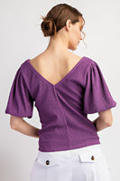 SOLID RUCHED PUFF SLEEVE TOP