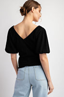 SOLID RUCHED PUFF SLEEVE TOP