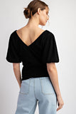 SOLID RUCHED PUFF SLEEVE TOP