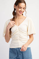 SOLID RUCHED PUFF SLEEVE TOP