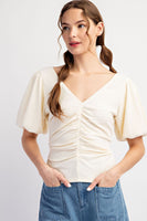 SOLID RUCHED PUFF SLEEVE TOP