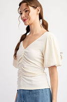 SOLID RUCHED PUFF SLEEVE TOP