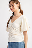 SOLID RUCHED PUFF SLEEVE TOP