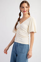 SOLID RUCHED PUFF SLEEVE TOP
