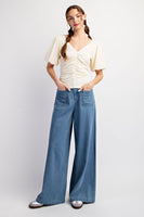 SOLID RUCHED PUFF SLEEVE TOP