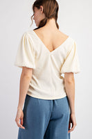 SOLID RUCHED PUFF SLEEVE TOP