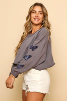 Butterflies Embellished Sleeve Knit Sweatshirt